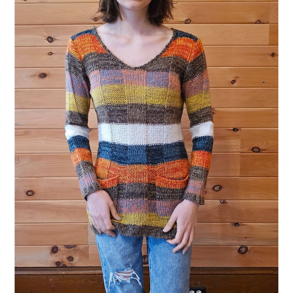 Women's Ultra Flirt Y2K 2000s Autumn Stripe Pocket Knit Long Sweater Large
